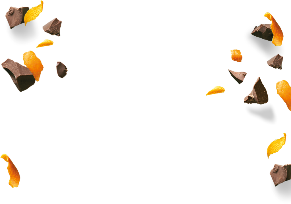 sfondo con Protein+ cioccolato e scorze d’arancia
